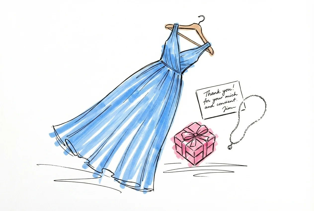 Klänning på hängare bredvid en inslagen present och ett handskrivet tackkort