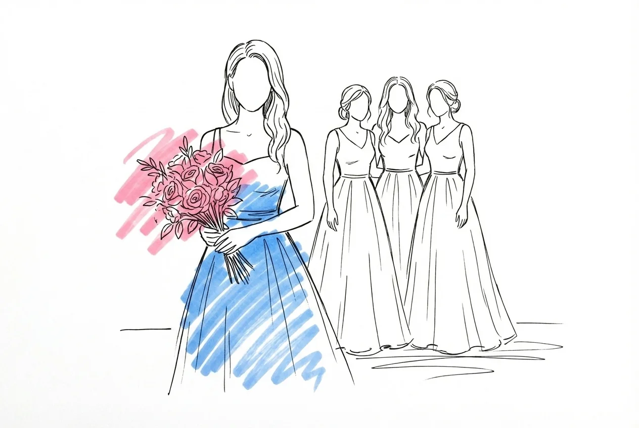 Hederstärna som står framför en grupp brudtärnor med en bukett — tydlig ledarroll