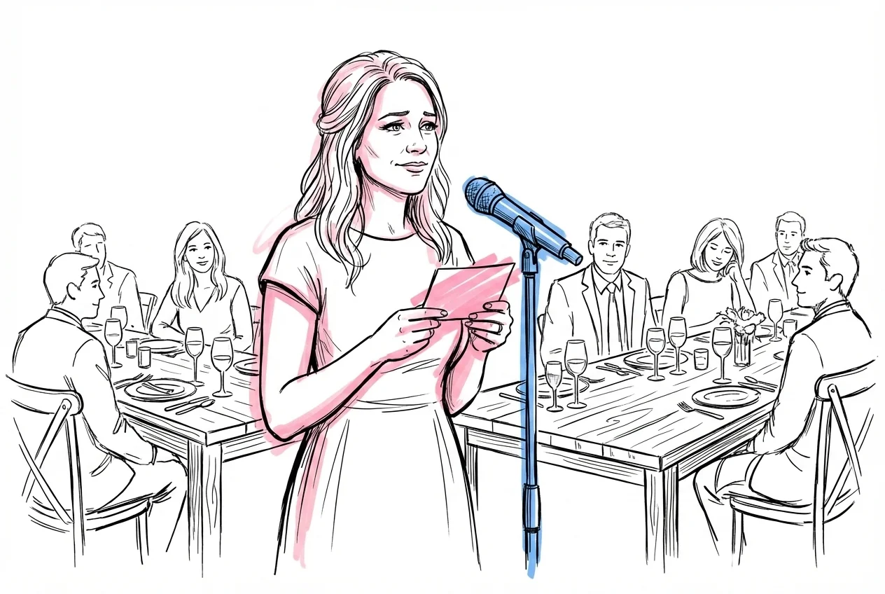 Kvinna som håller tal vid mikrofon under bröllopsmiddag med sittande gäster