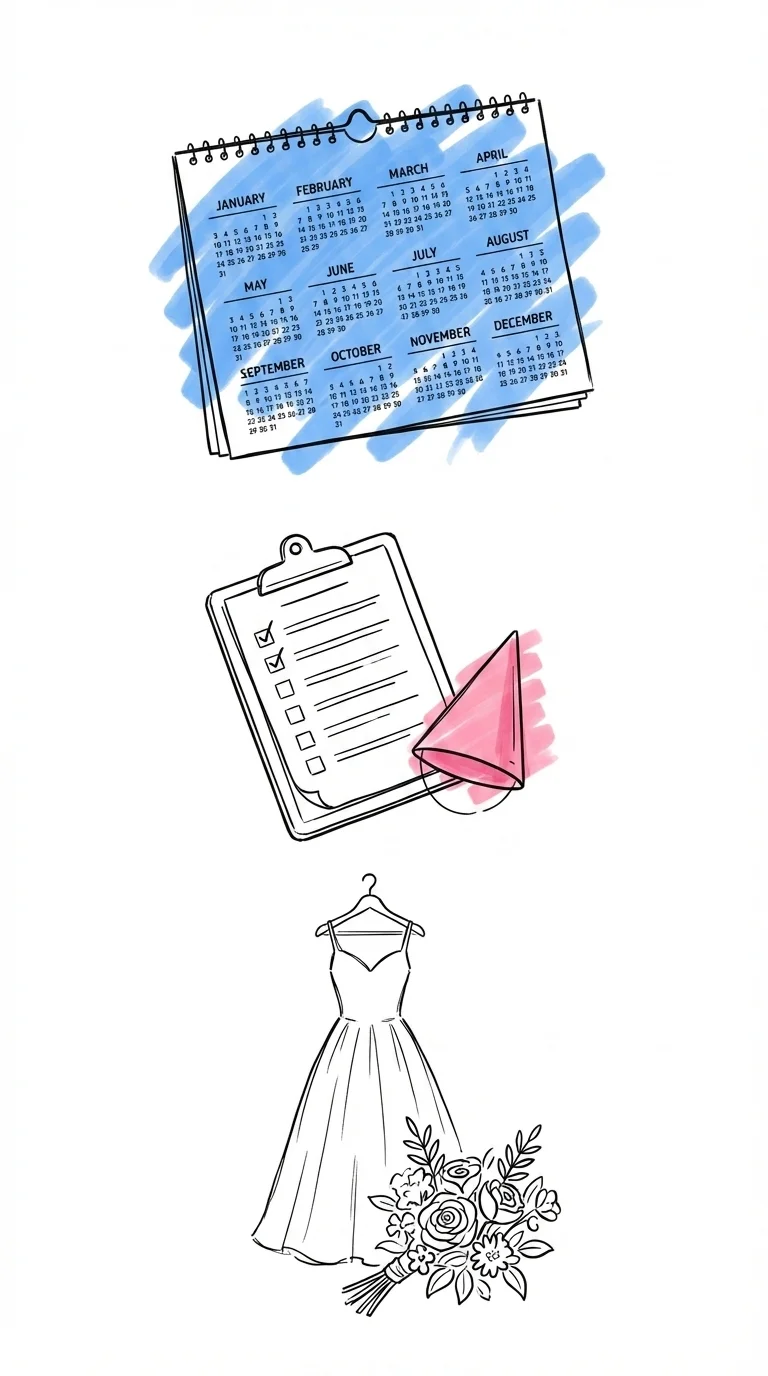 Vertikal tidslinje med kalender, clipboard och klänning — från planering till bröllopsdag