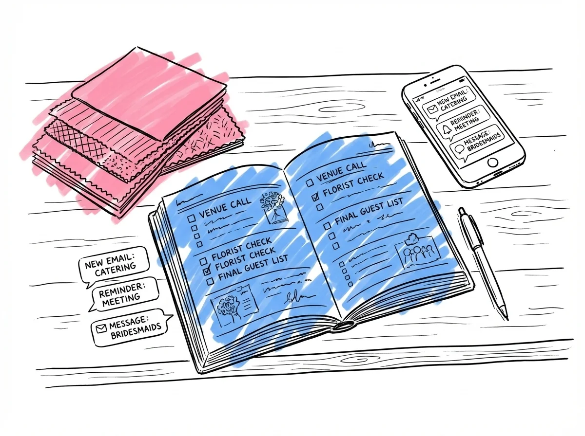 Planeringsdesk med öppen kalender, telefon och tygprover — hederstärnans organiserade arbetsyta