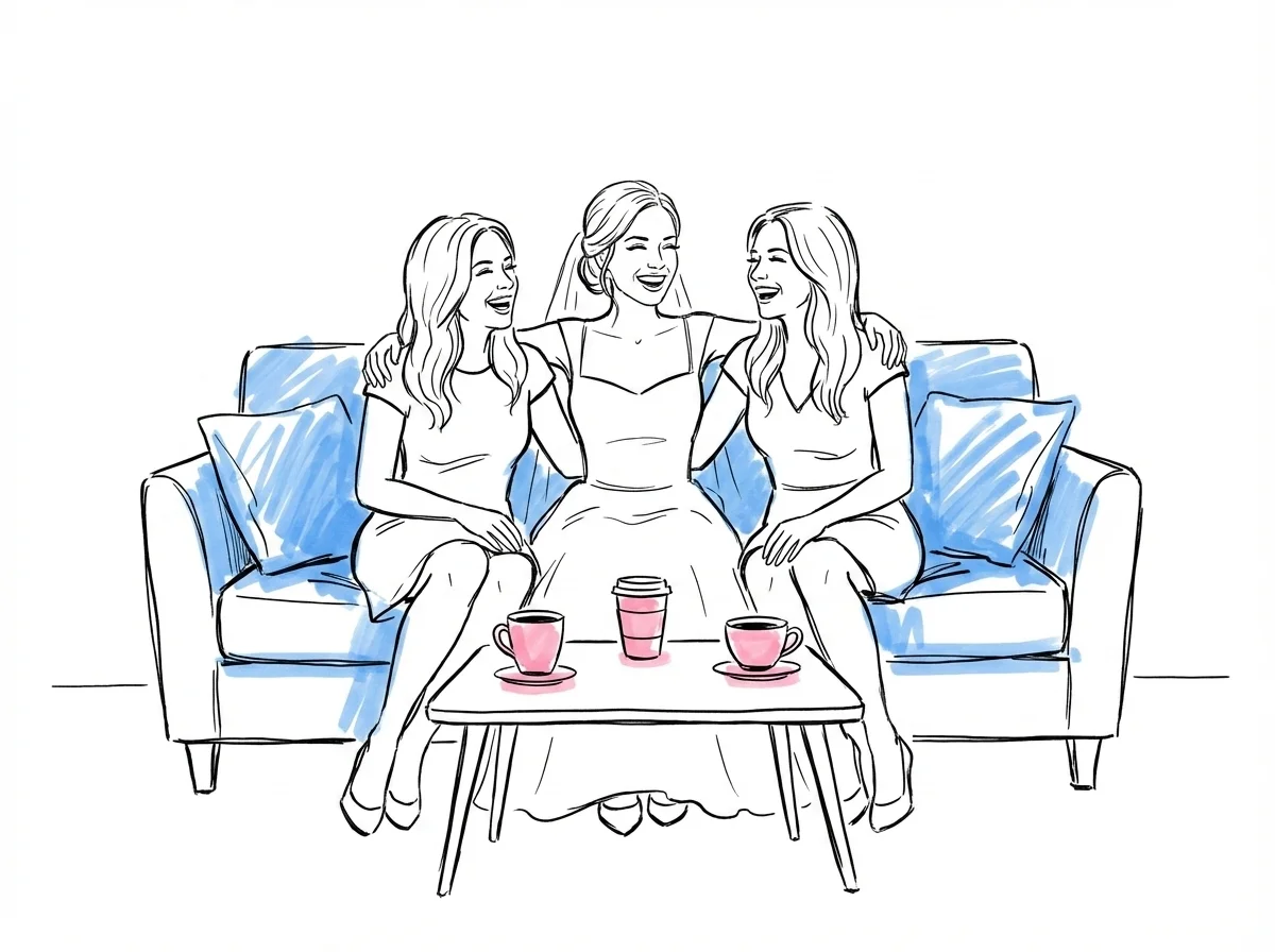 Brud som sitter mellan två vänner på en soffa, alla tre skrattar — ett informellt ögonblick av närhet