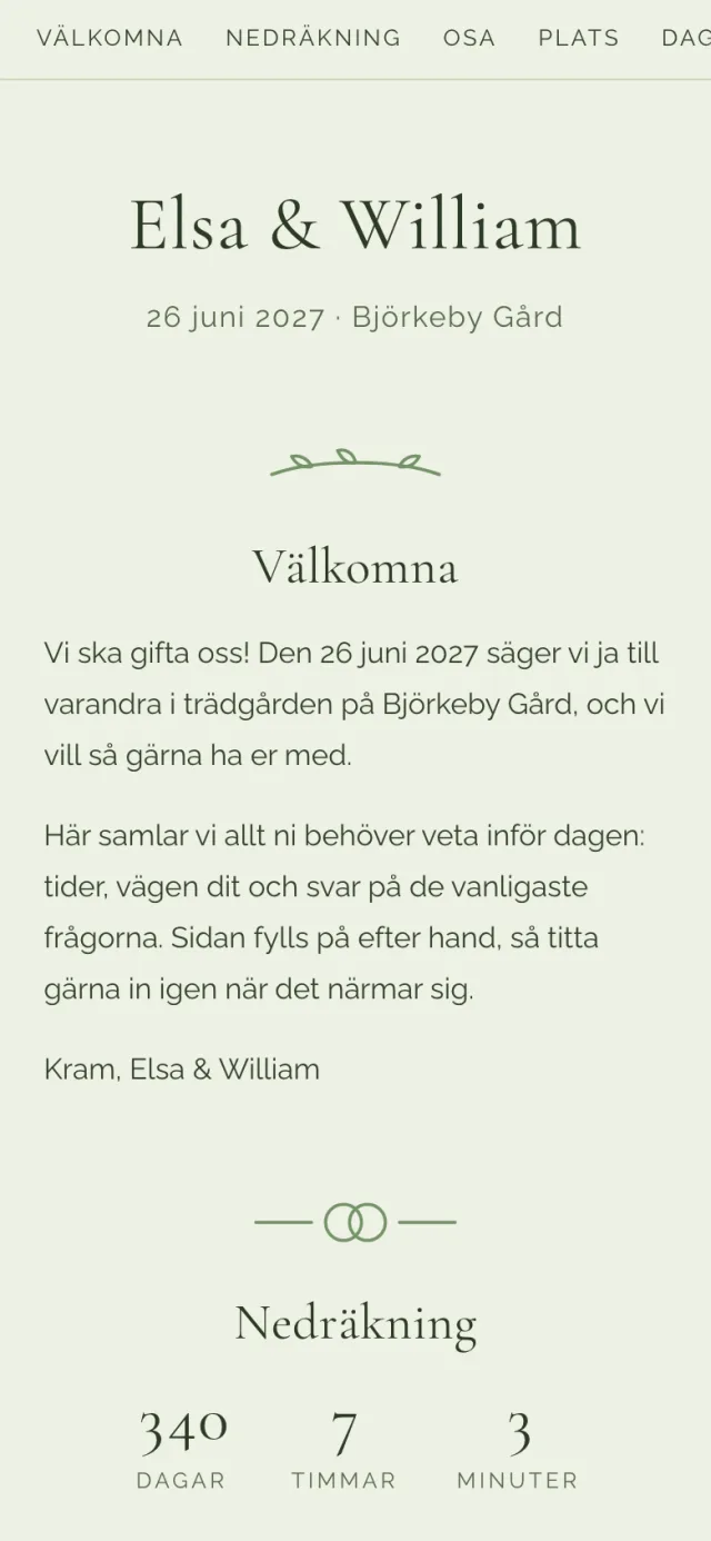 Den publicerade bröllopshemsidan så som en gäst ser den i mobilen, med hjältesektion, innehåll och en knapp vidare till OSA.