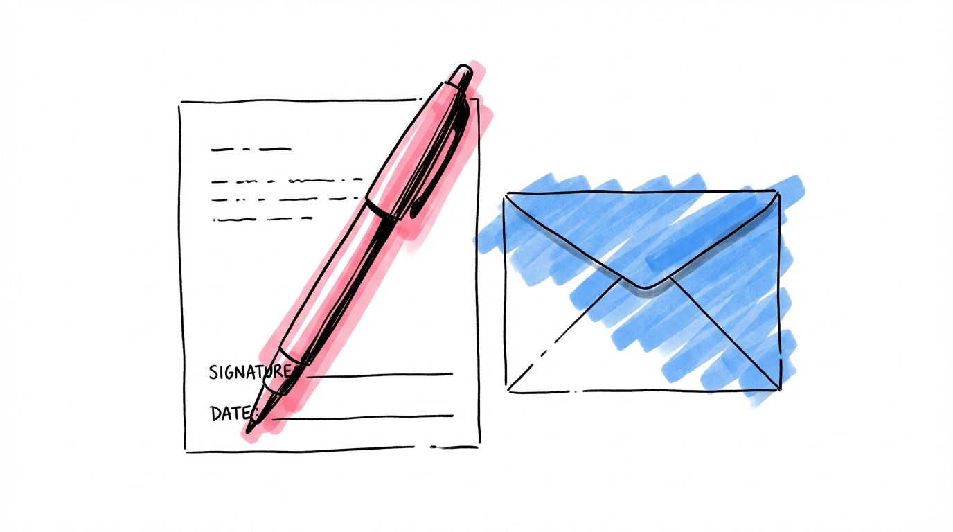 Blankett med penna och kuvert — ansökan om hindersprövning