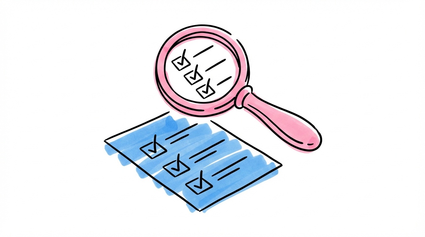 Förstoringsglas över checklista med tre bockade rutor — Skatteverkets kontroll