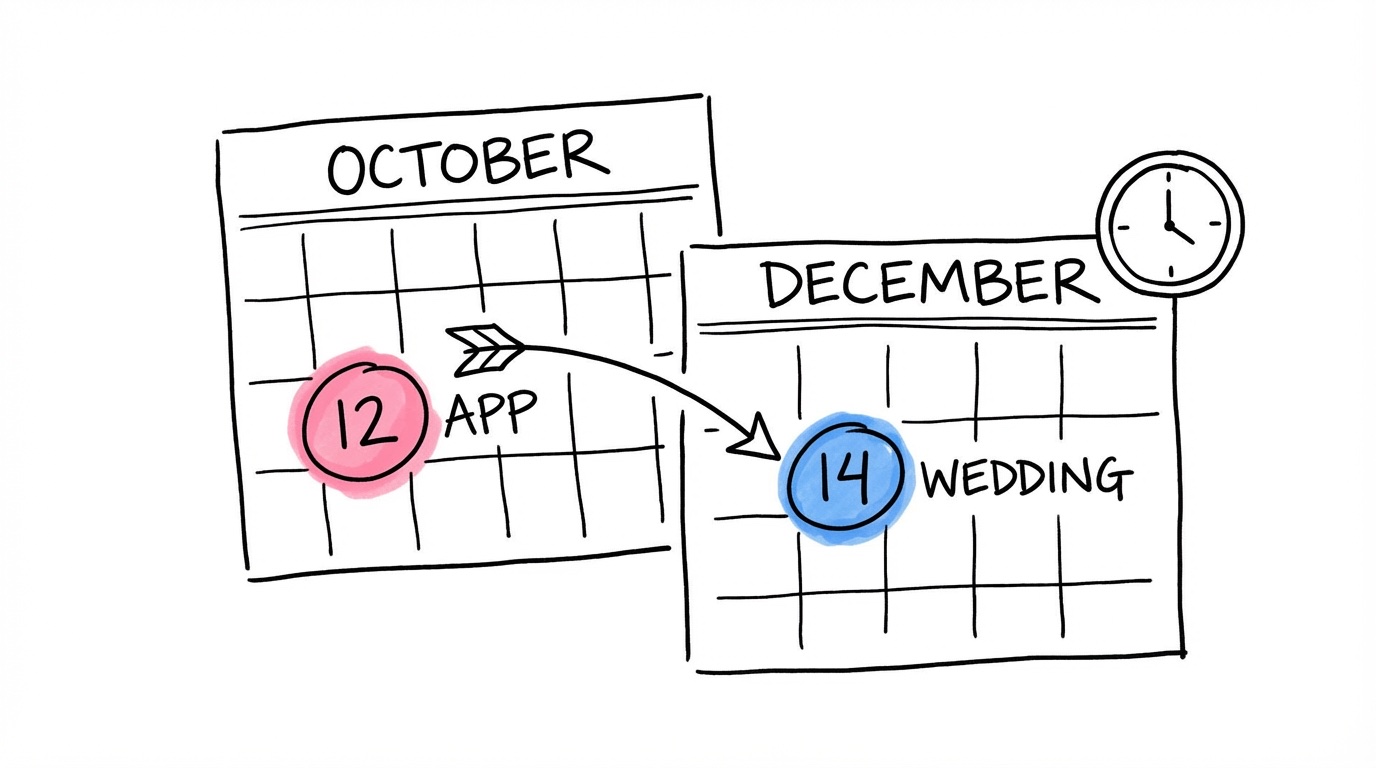 Kalender med markerade datum och pil mellan ansökan och bröllop — tidsplan hindersprövning