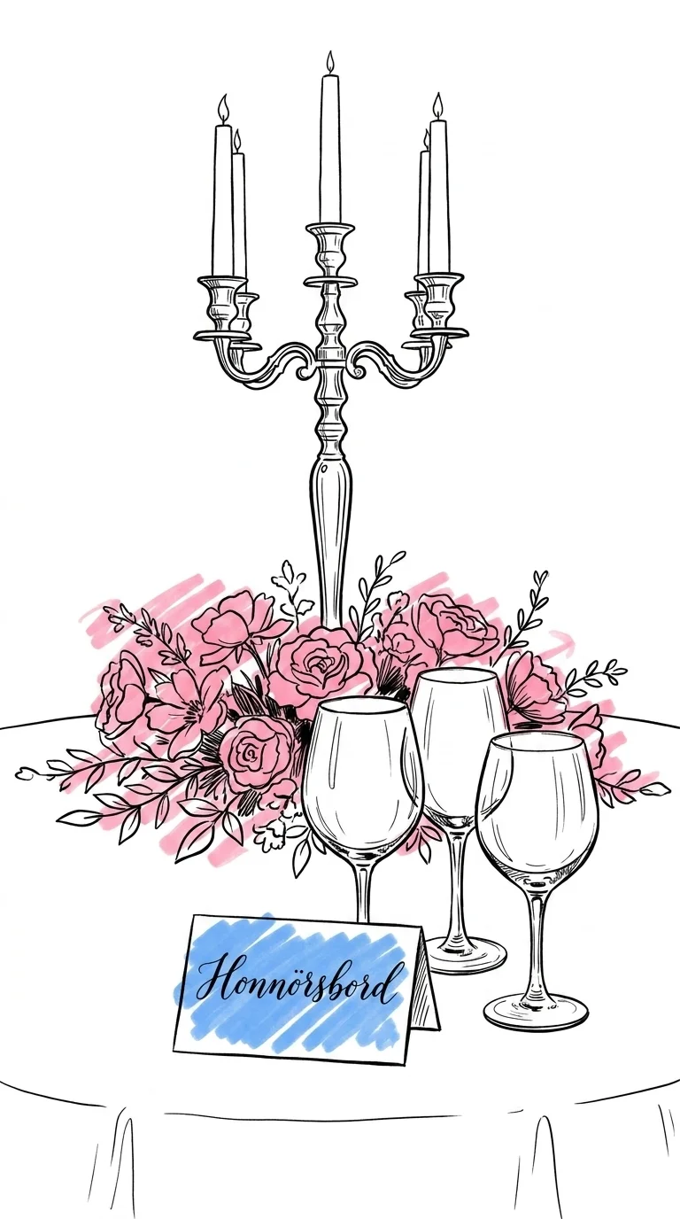 Närbild av en sektion av ett dukat honnörsbord med hög kandelaber, låga blommor och tre vinglas per kuvert samt ett stort kalligrafiskt placeringskort, i Lovios rosa och blå illustrationsstil