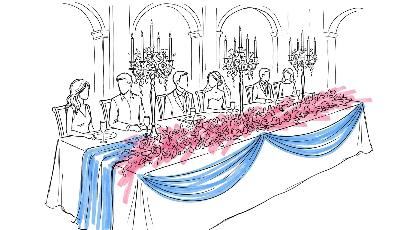 Översiktsbild av ett dukat honnörsbord med sex personer på samma sida, vit linne, höga ljus och blommor i en svensk bröllopssal, i Lovios rosa och blå illustrationsstil