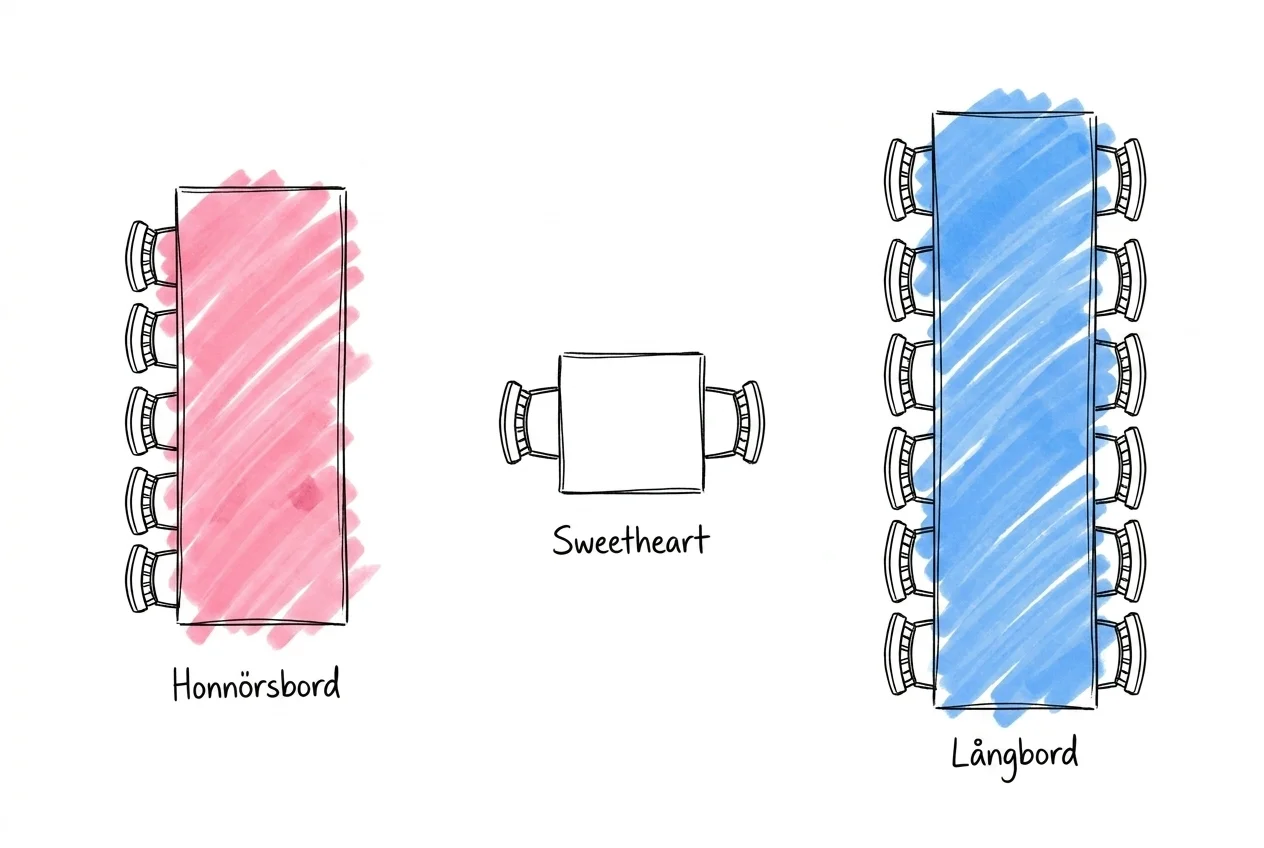 Tre små diagrammatiska skisser sida vid sida ovanifrån som jämför ett honnörsbord för sex personer, ett tvåplatsbord (sweetheart table) och ett långt långbord, i Lovios rosa och blå illustrationsstil