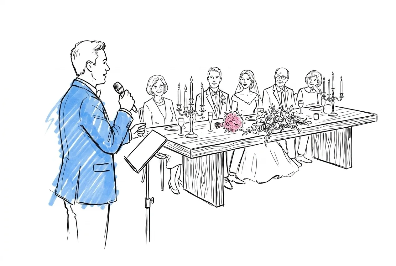En talare som står vid en definierad talarposition framför honnörsbordet med trådlös mikrofon, brudparet och föräldrar tittar på från sina platser, i Lovios rosa och blå illustrationsstil