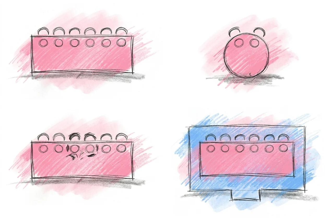 Fyra varianter av honnörsbord — klassiskt långt, sweetheart, hybrid med föräldrar och podium — ovanifrån som diagrammatisk jämförelse, i Lovios rosa och blå illustrationsstil