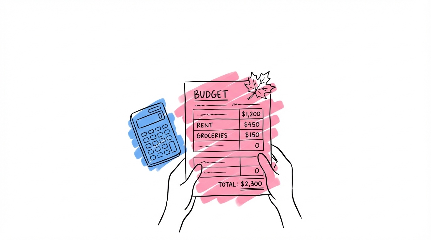 Par som granskar sin bröllopsbudget tillsammans med papper och surfplatta — lättad och praktisk stämning