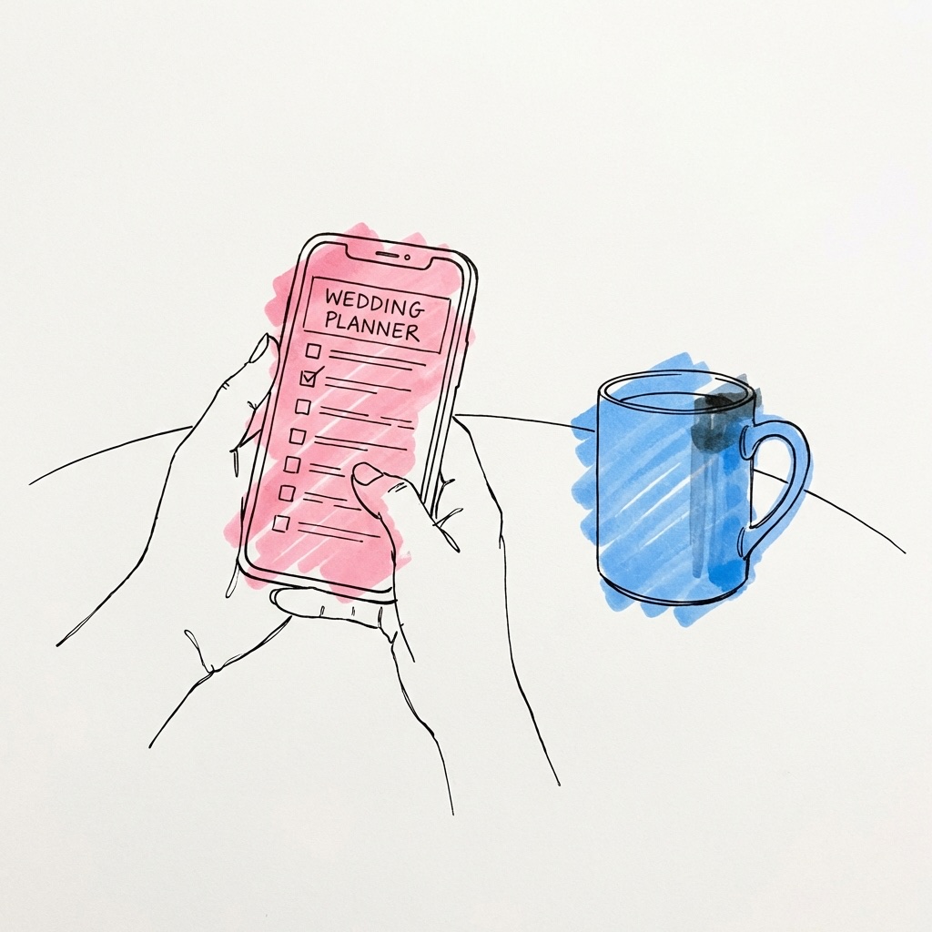 Glatt par som planerar sitt höstbröllop tillsammans med laptop — optimistisk och handlingskraftig stämning