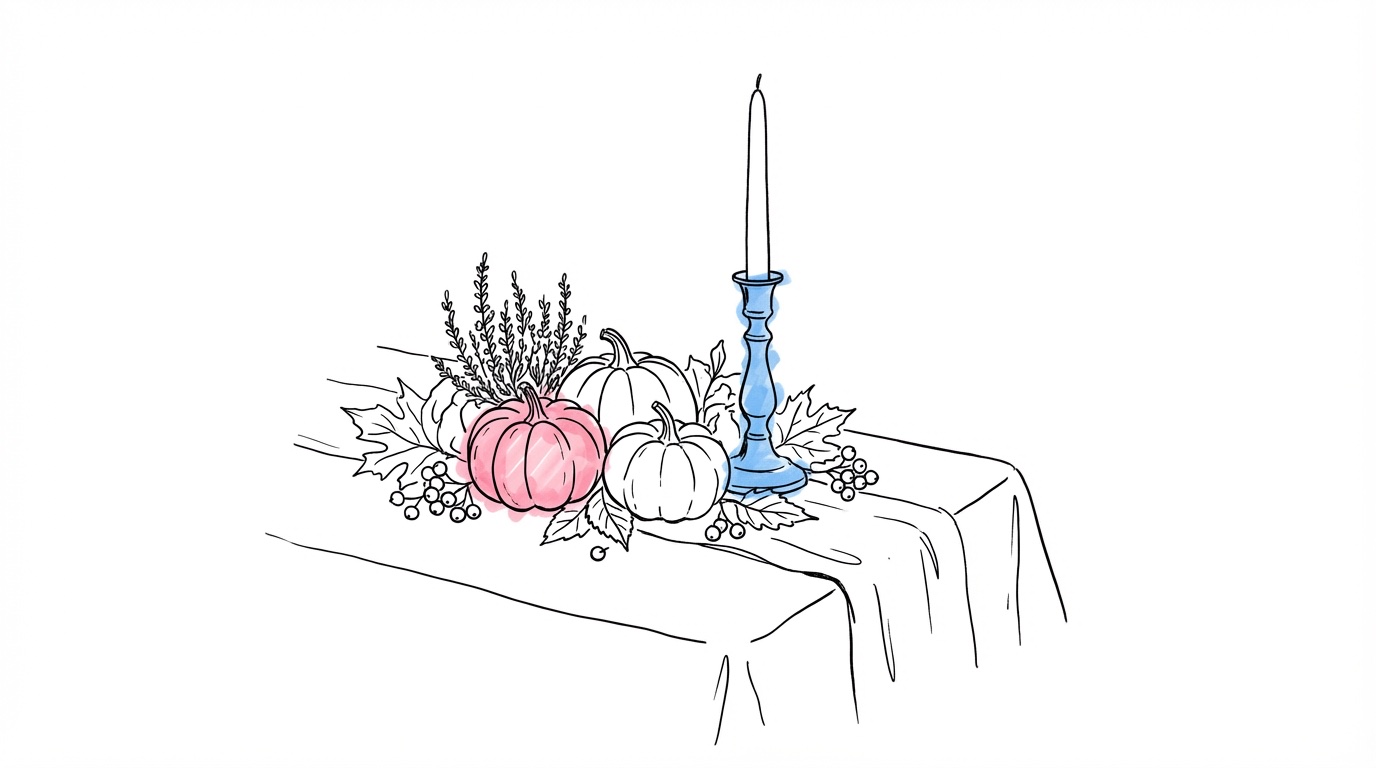 Bröllopsbord med höstdekor — små pumpor, stearinljus, ljung, torkade blad och bär