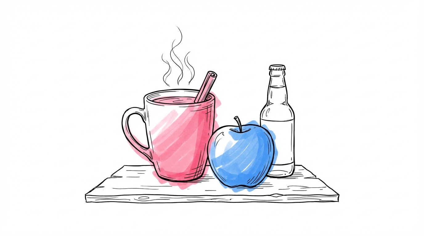 Höstdrycker — muggar med varm cider, cidercocktails och äpplen på en rustik dryckesstation