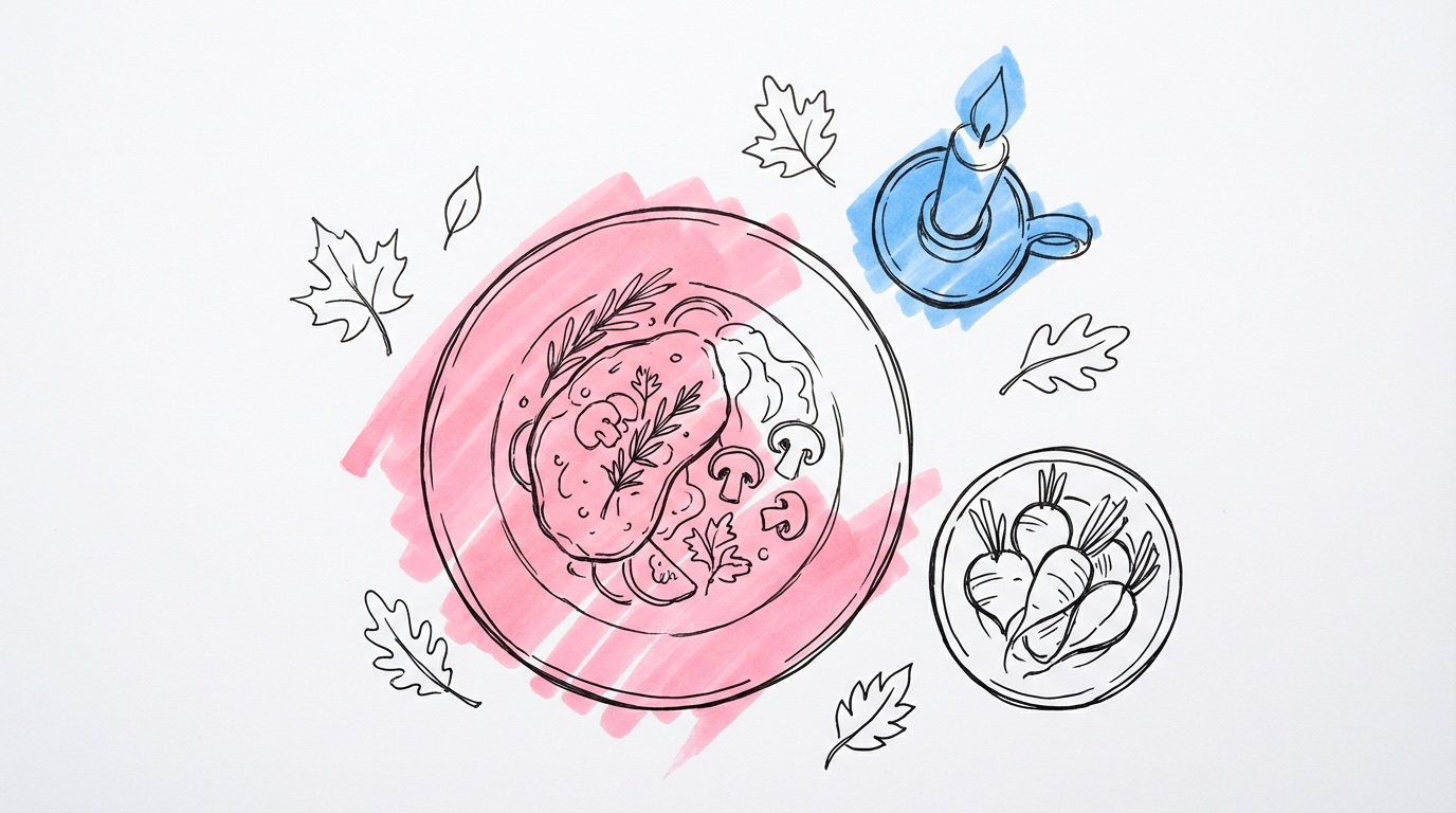 Dukat höstbröllop-bord ovanifrån med kantareller, pumpa, stearinljus och säsongens råvaror