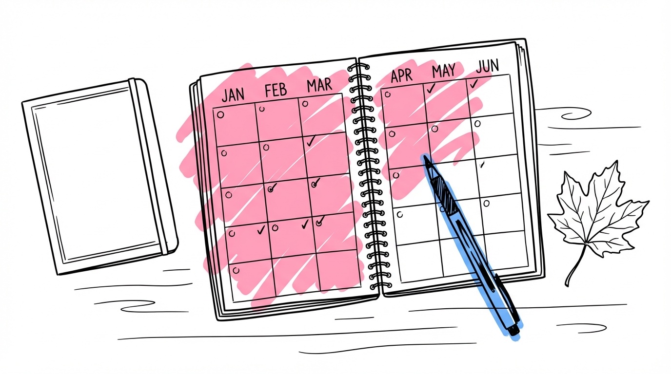 Planeringskalender med höstlöv som accenter och planeringsmaterial — organiserad tidslinje för höstbröllop