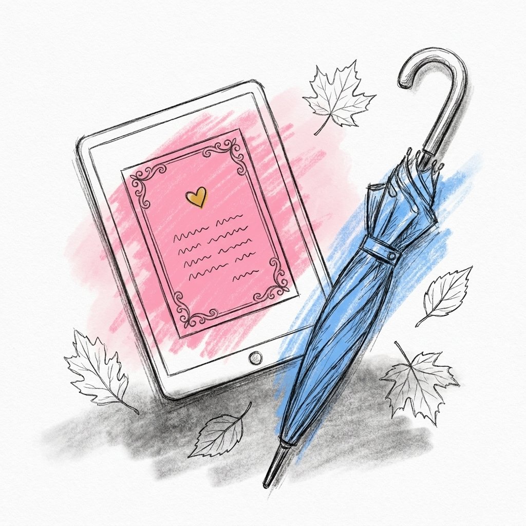 En digital bröllopsinbjudan på en surfplatta med en rad om klädkod, omgiven av höstlöv och ett litet paraply, i Lovios rosa och blå illustrationsstil
