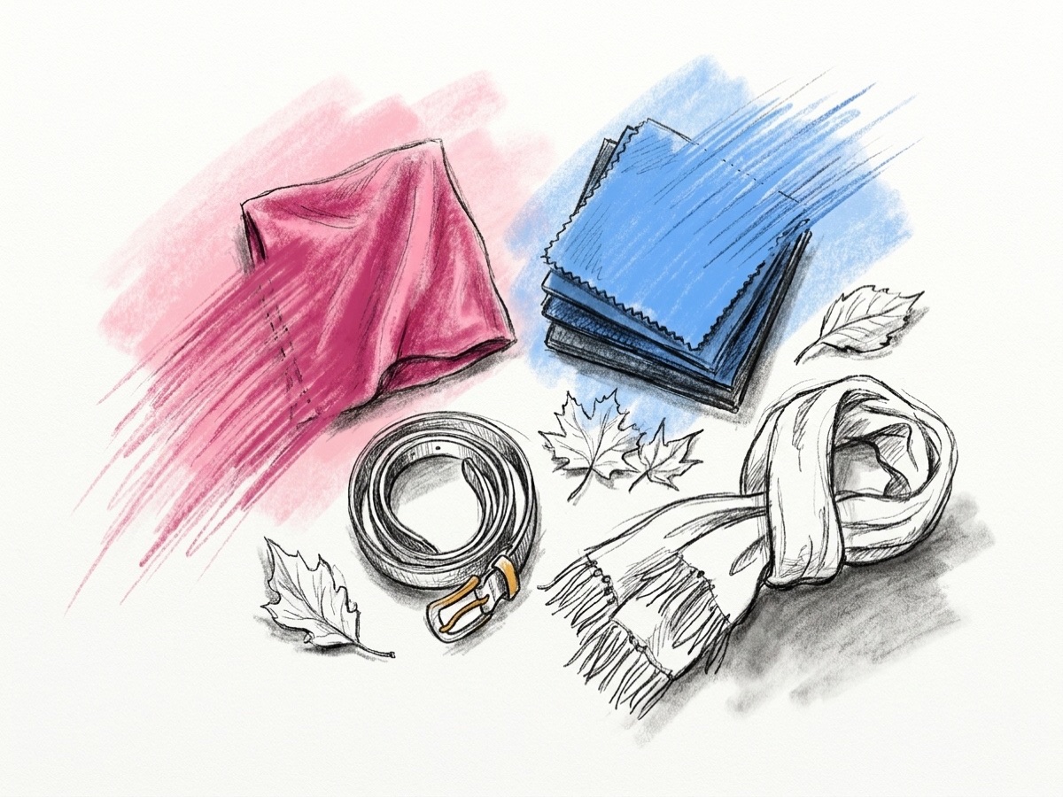 Flat lay med höstiga tygprover och accessoarer: sammet, en yllehalsduk, ett läderskärp och vikt tyg i mörka toner med några nedfallna löv, i Lovios rosa och blå illustrationsstil