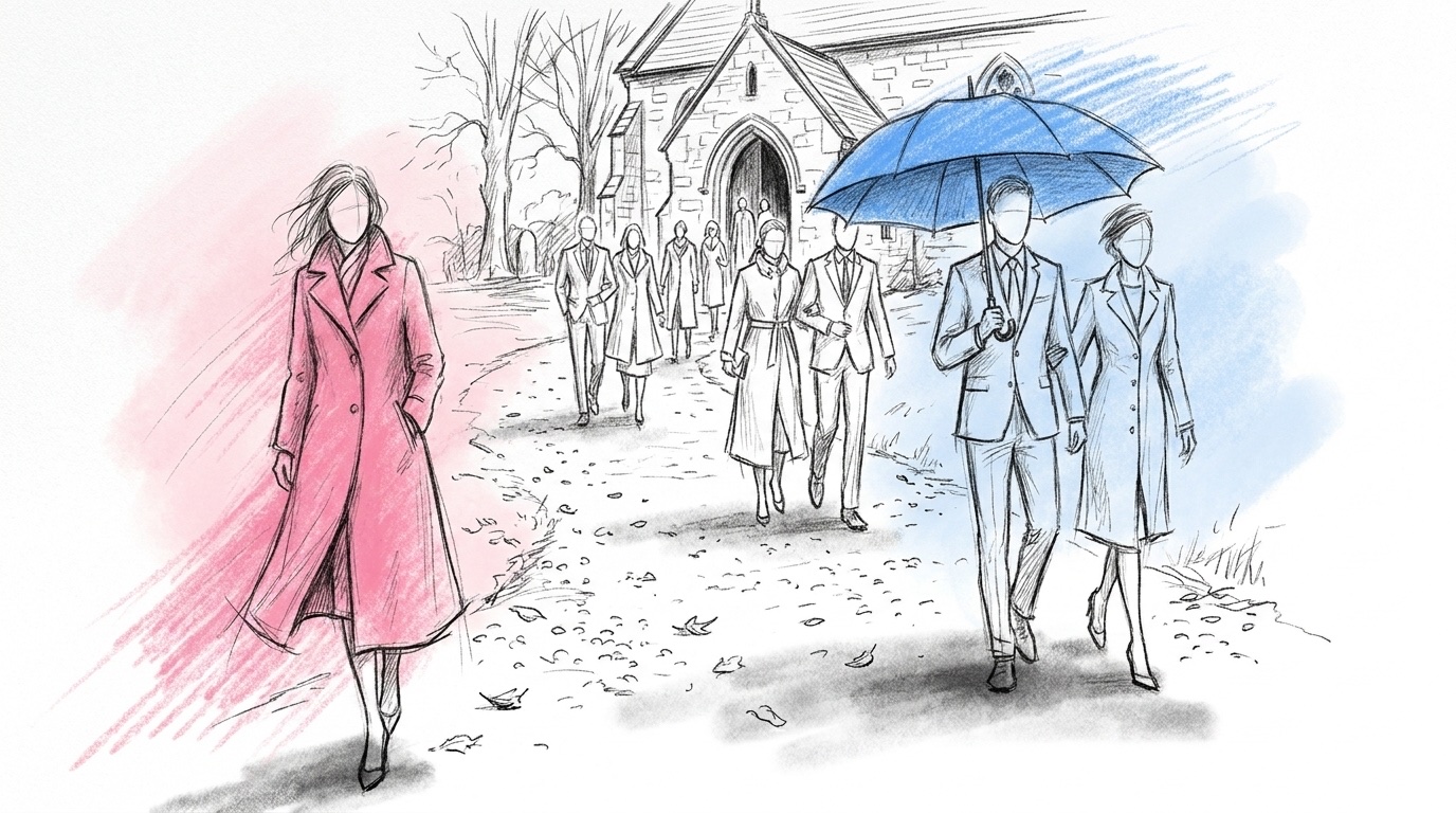 Bröllopsgäster på hösten i kappor och ulloutfits som går på en grusgång mot en kyrkentré en höstdag, några under paraplyer och med nedfallna löv på marken, i Lovios rosa och blå illustrationsstil