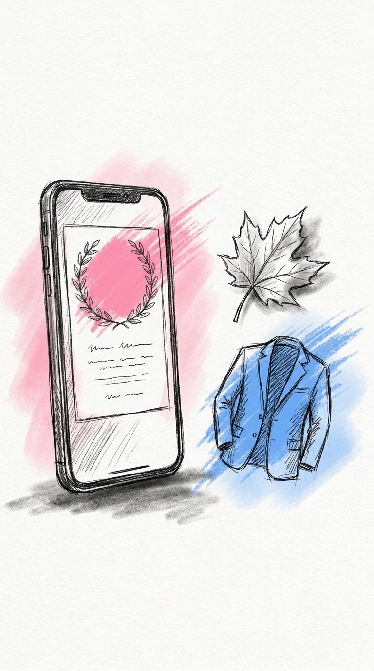 En smartphone som visar en digital bröllopsinbjudan med dekorativ ram och några rader text, med en liten gren höstlöv och en liten kappikon bredvid, i Lovios rosa och blå illustrationsstil