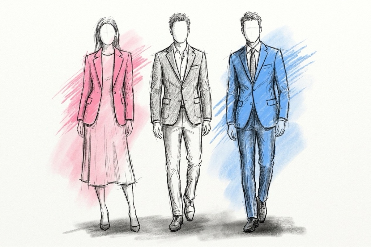 Tre gäster bredvid varandra som visar tre klädnivåer: en kvinna i ullklänning med kavaj, en man i tweedkavaj med öppen krage och en man i mörk kostym med slips, i Lovios rosa och blå illustrationsstil