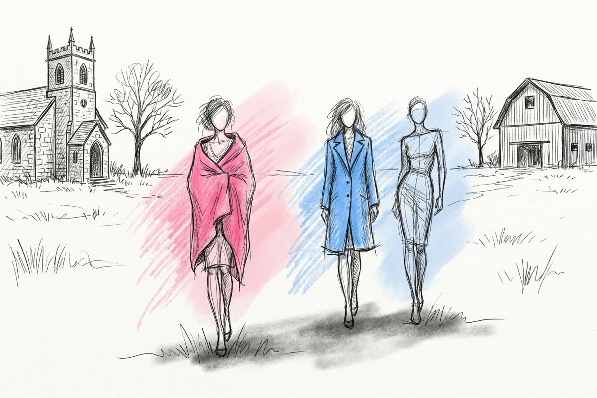 Gäster i kappor som går mellan en stenkyrka och en röd lada över ett fält en grå höstdag, en av dem med en filt runt axlarna, i Lovios rosa och blå illustrationsstil