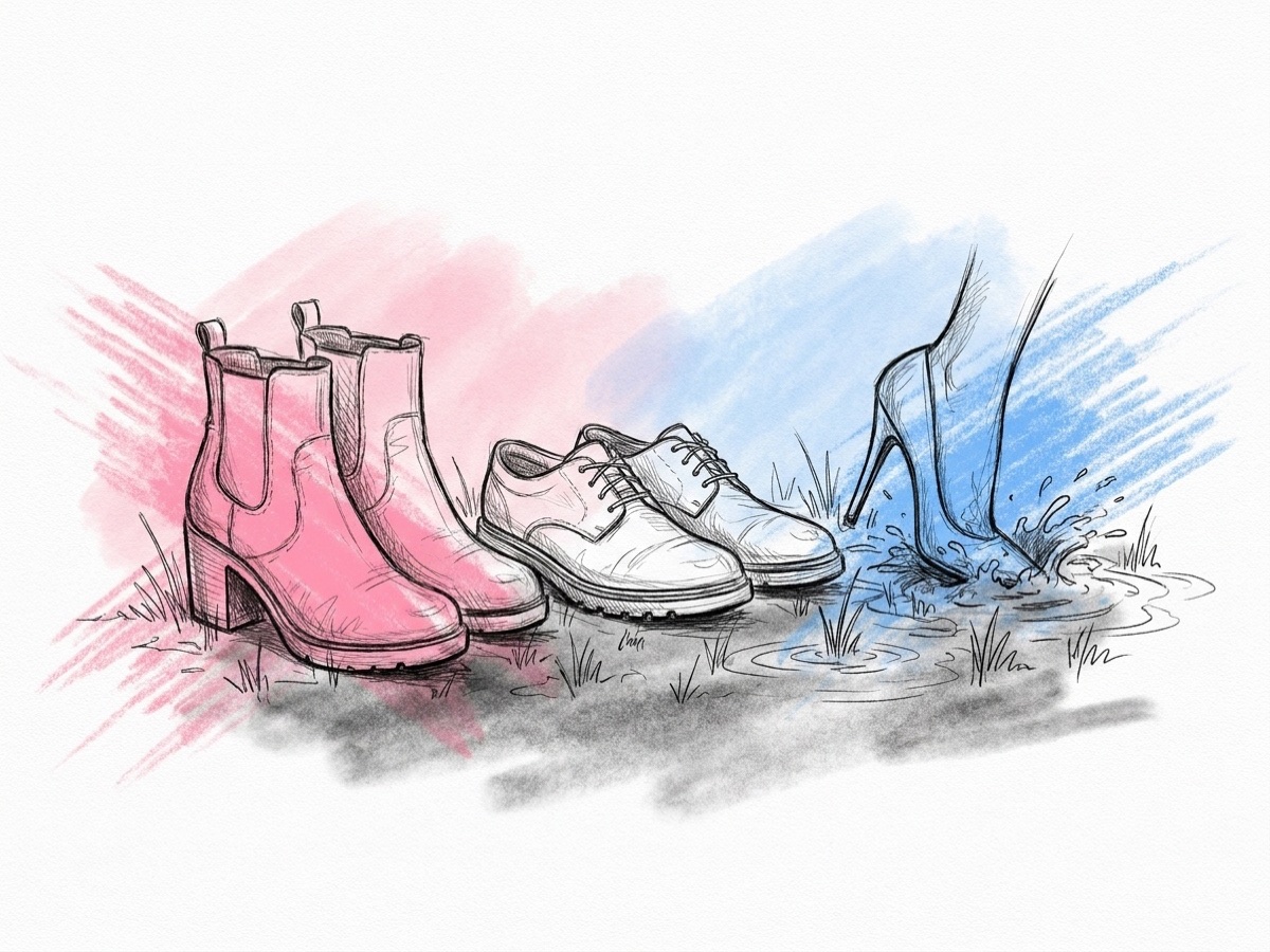 Skor uppradade på blött gräs: ankelboots med blockklack, läderskor med gummisula och en stilettklack som sjunkit ner i marken, i Lovios rosa och blå illustrationsstil