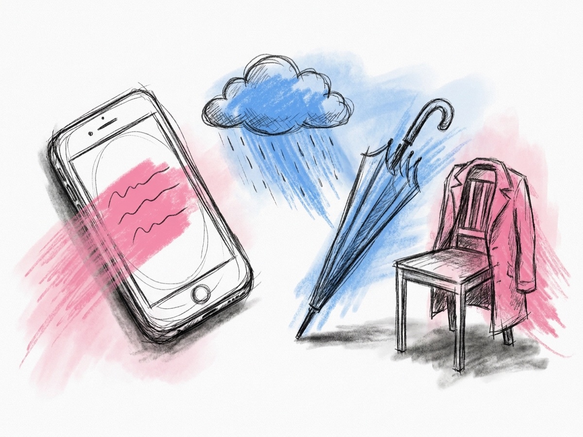 En telefon med en sms-bubbla bredvid ett litet regnmoln och ett paraply, och en vikt kappa på en stol, i Lovios rosa och blå illustrationsstil