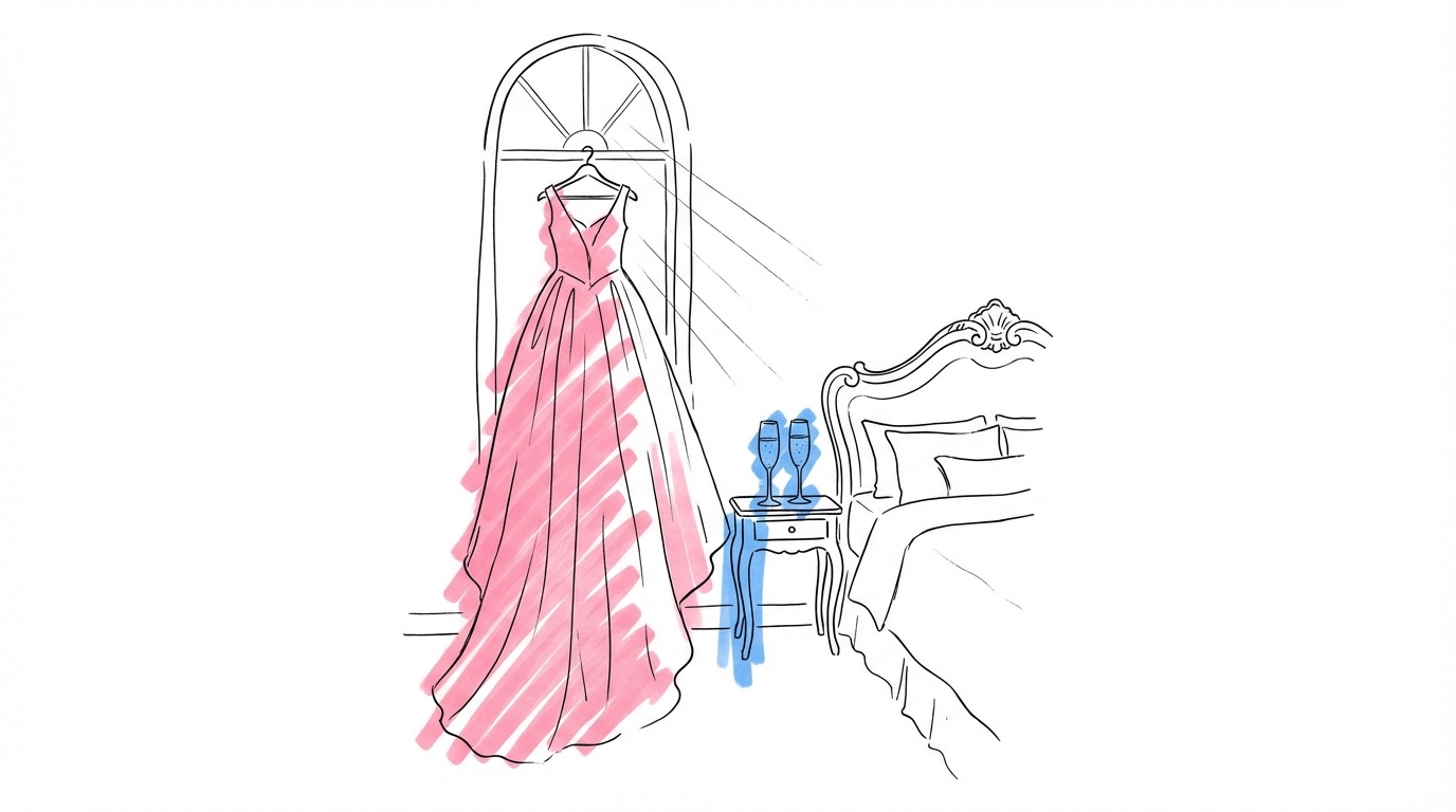 Lyxig brudsvit med stor säng, champagneglas på ett sidobord och en bröllopsklänning hängande vid fönstret