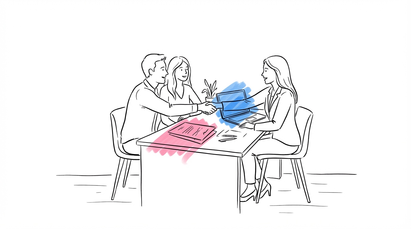 Par som sitter mitt emot en hotelleventkoordinator vid ett skrivbord med papper och laptop, handslag