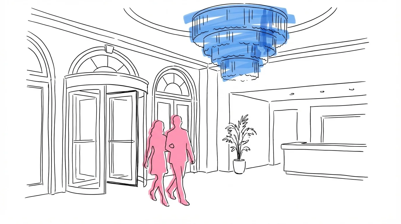 Bröllop på hotell — par promenerar genom en grand hotellingång med glasdörrar, blommor och bagage synligt i lobbyn