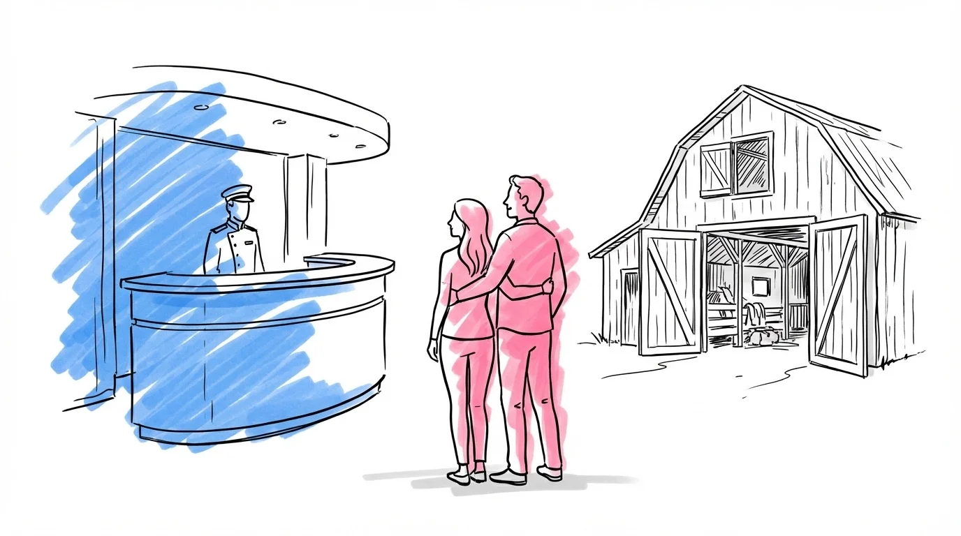 Delad scen med hotellreception på ena sidan och rustik ladlokal på andra sidan, ett par i mitten som väljer