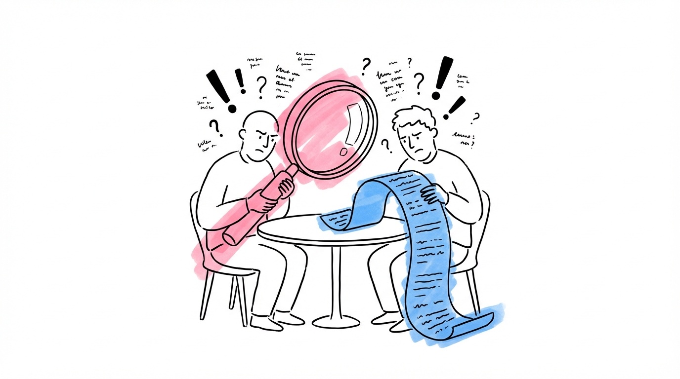 Frustrerat par som läser ett långt hotellkontrakt med förstoringsglas och finstilt text