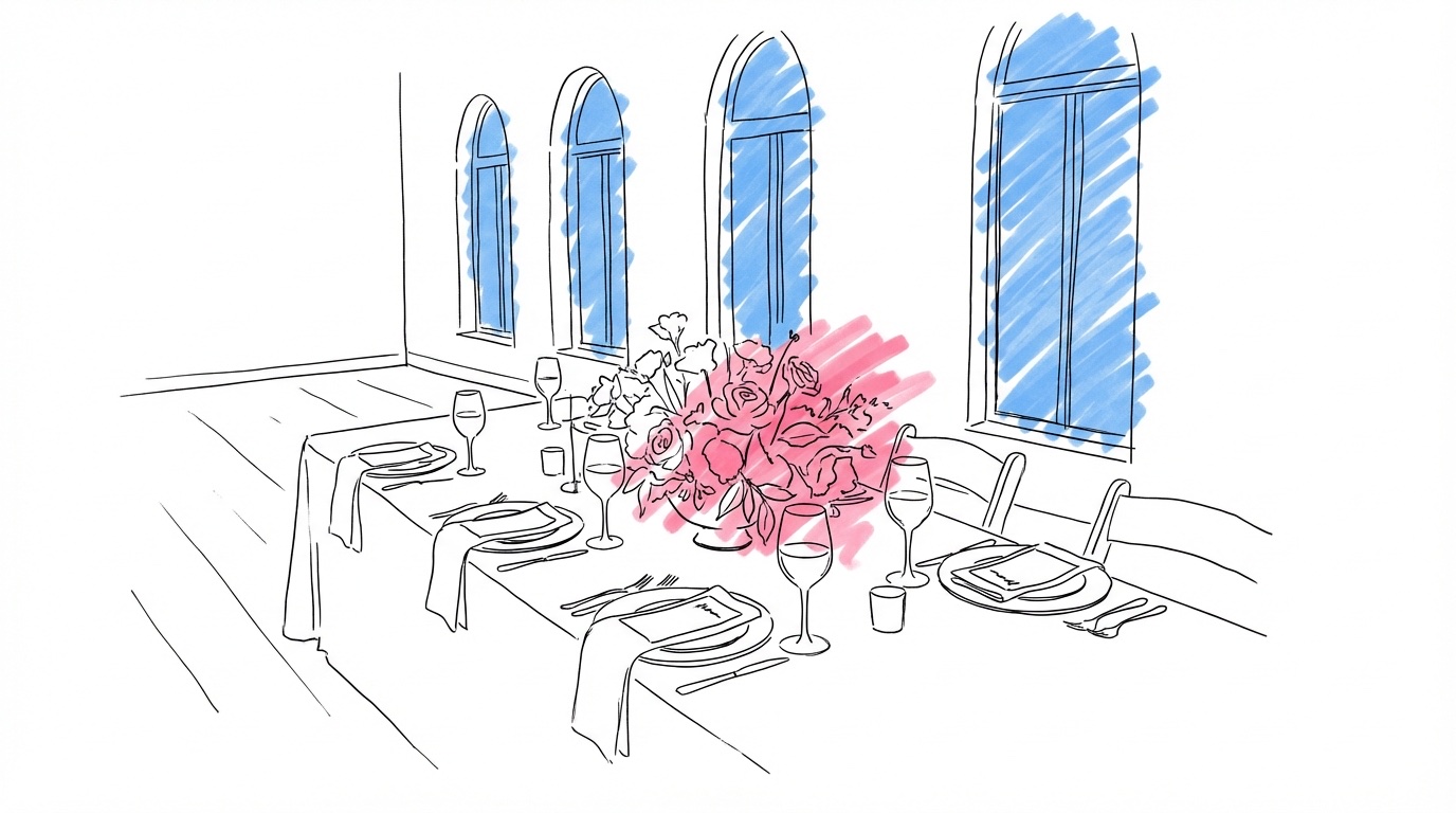 Elegant uppdukat bröllopsbord i en hotellfestsal med högt i tak och kristallkronor