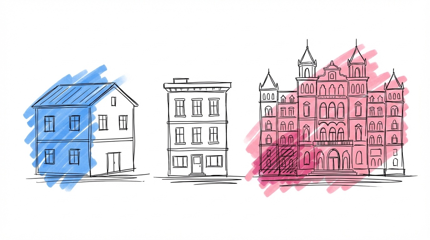 Tre hotellfasader sida vid sida i olika storlek — konferenshotell, stadshotell och lyxhotell