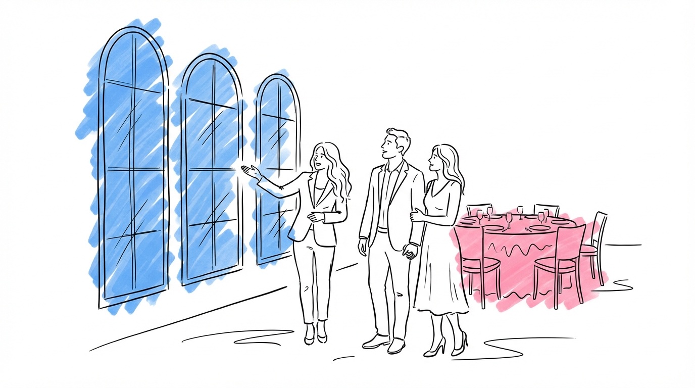 Par på visning i en hotellfestsal, eventansvarig visar mot höga fönster och ett uppdukat bord