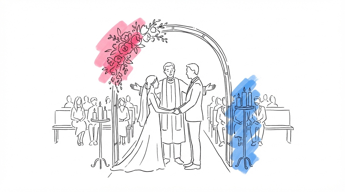 Humanistisk vigselceremoni utomhus med officiant, par och gäster