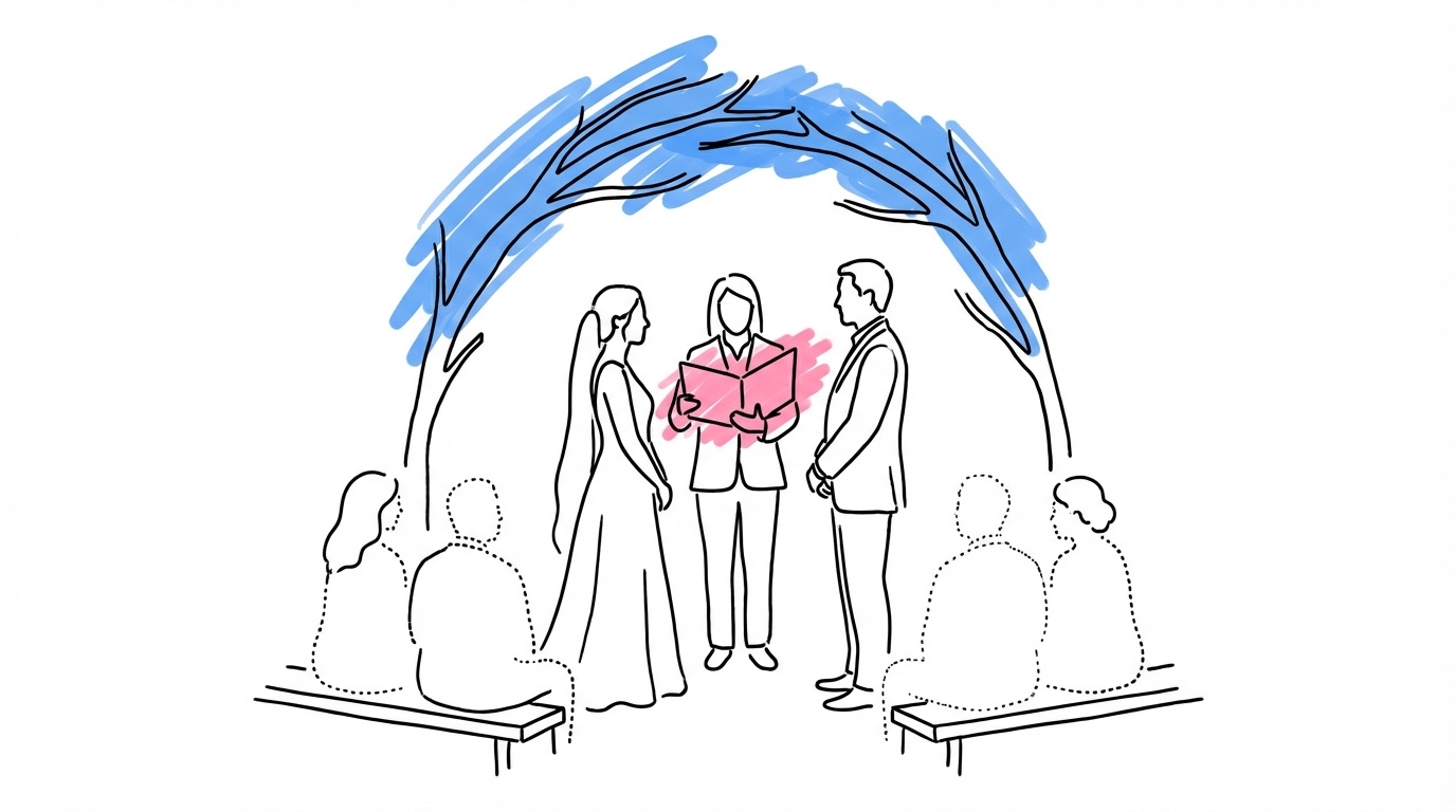 Humanistisk vigsel utomhus med par, officiant och gäster