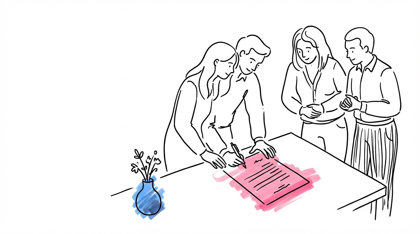 Par och officiant signerar vigselbevis med vittnen