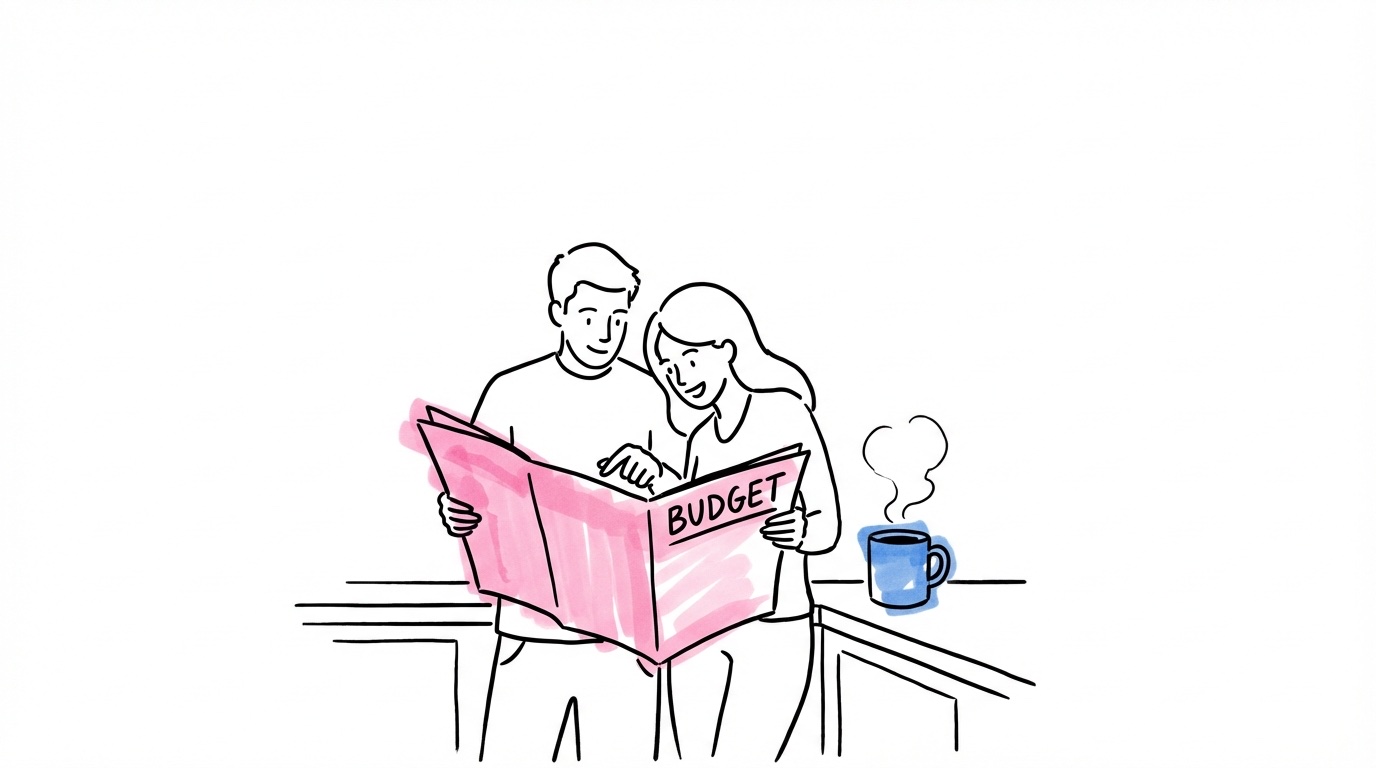 Par som granskar budget och kostnader vid köksbordet