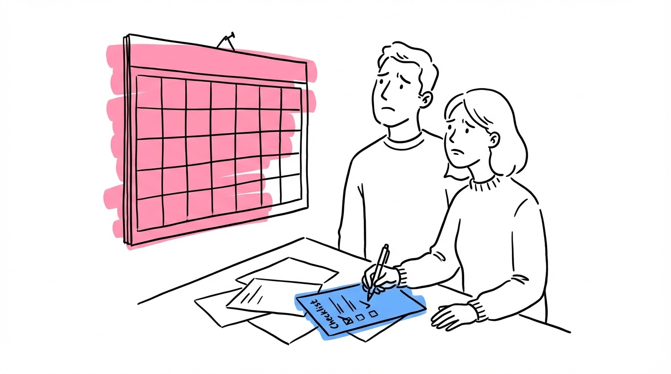 Par som tittar på kalender med checklista och papper