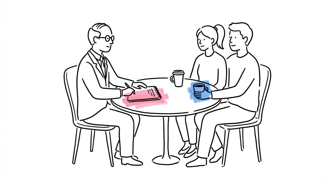 Humanistisk officiant i planeringsmöte med ett par