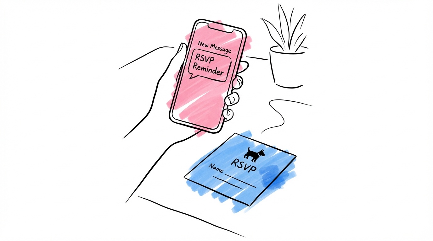 Hand som håller en telefon med meddelandenotis och gästlista med hundsilhuett