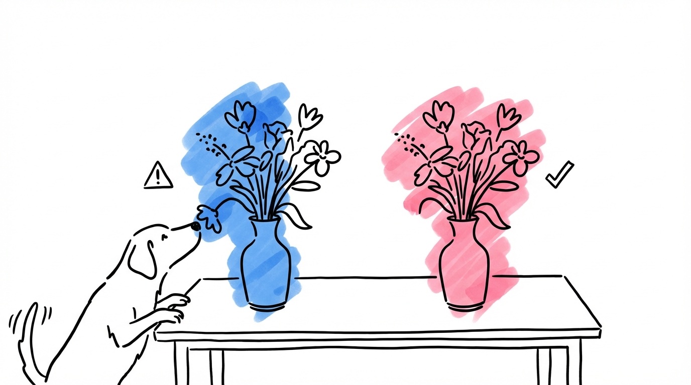 Bord med två grupper blommor, en med varningssymbol och en med bock, och nyfiken hund