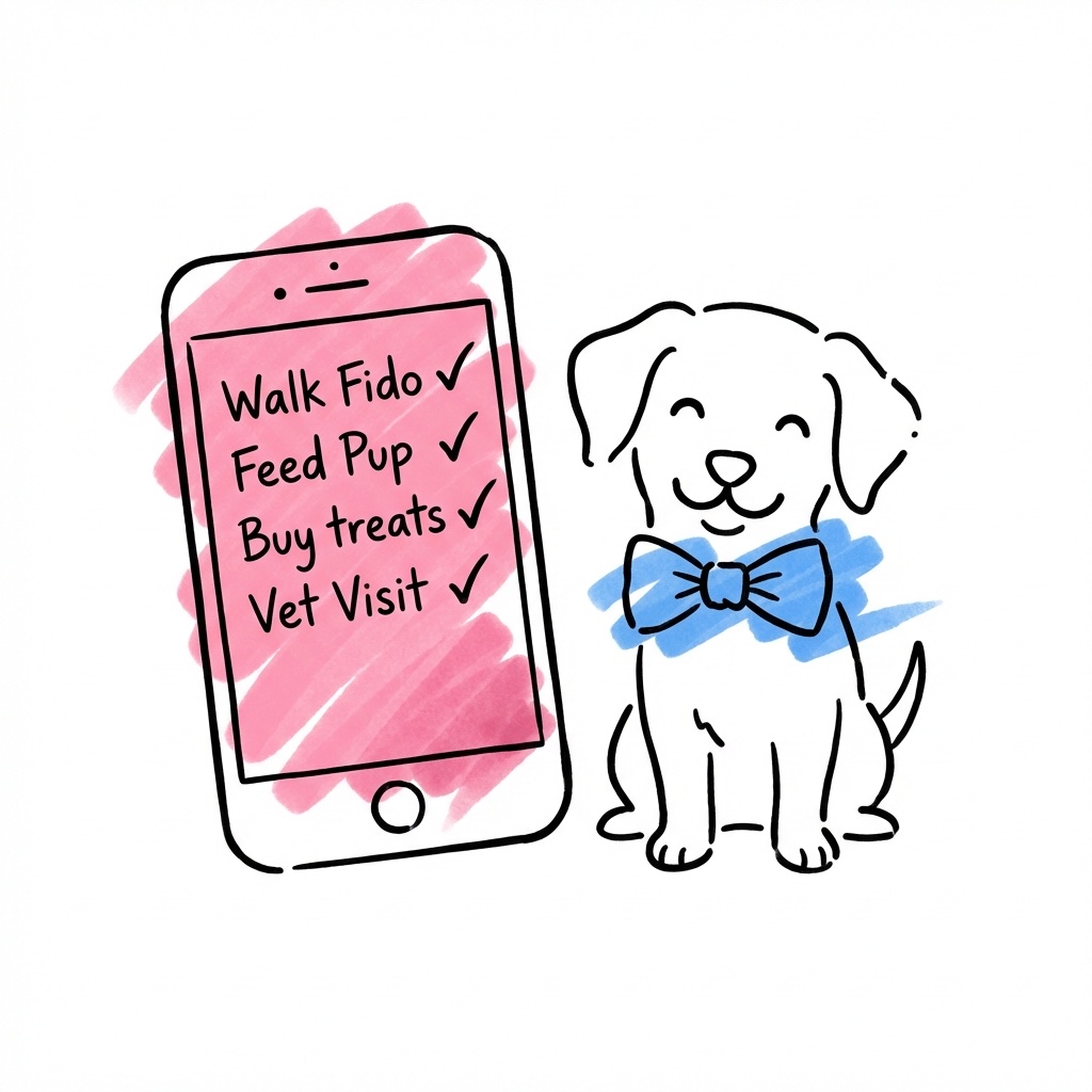 Telefon med checklista och hundrelaterade uppgifter avbockade bredvid glad hund med fluga