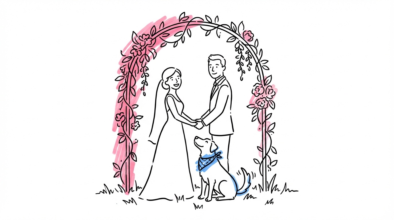 Par utomhus med hund vid bröllopsbåge omgivna av grönska i Lovios rosa och blå stil