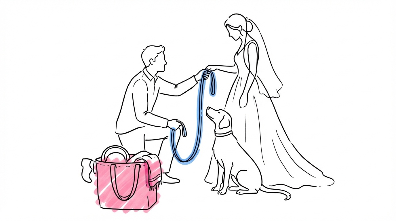 Person som tar emot koppel från någon i bröllopskläder medan hunden tittar upp