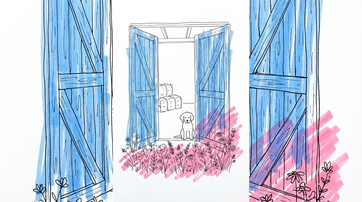 Rustik ladugårdsöppning med hund som sitter lugnt i dörröppningen