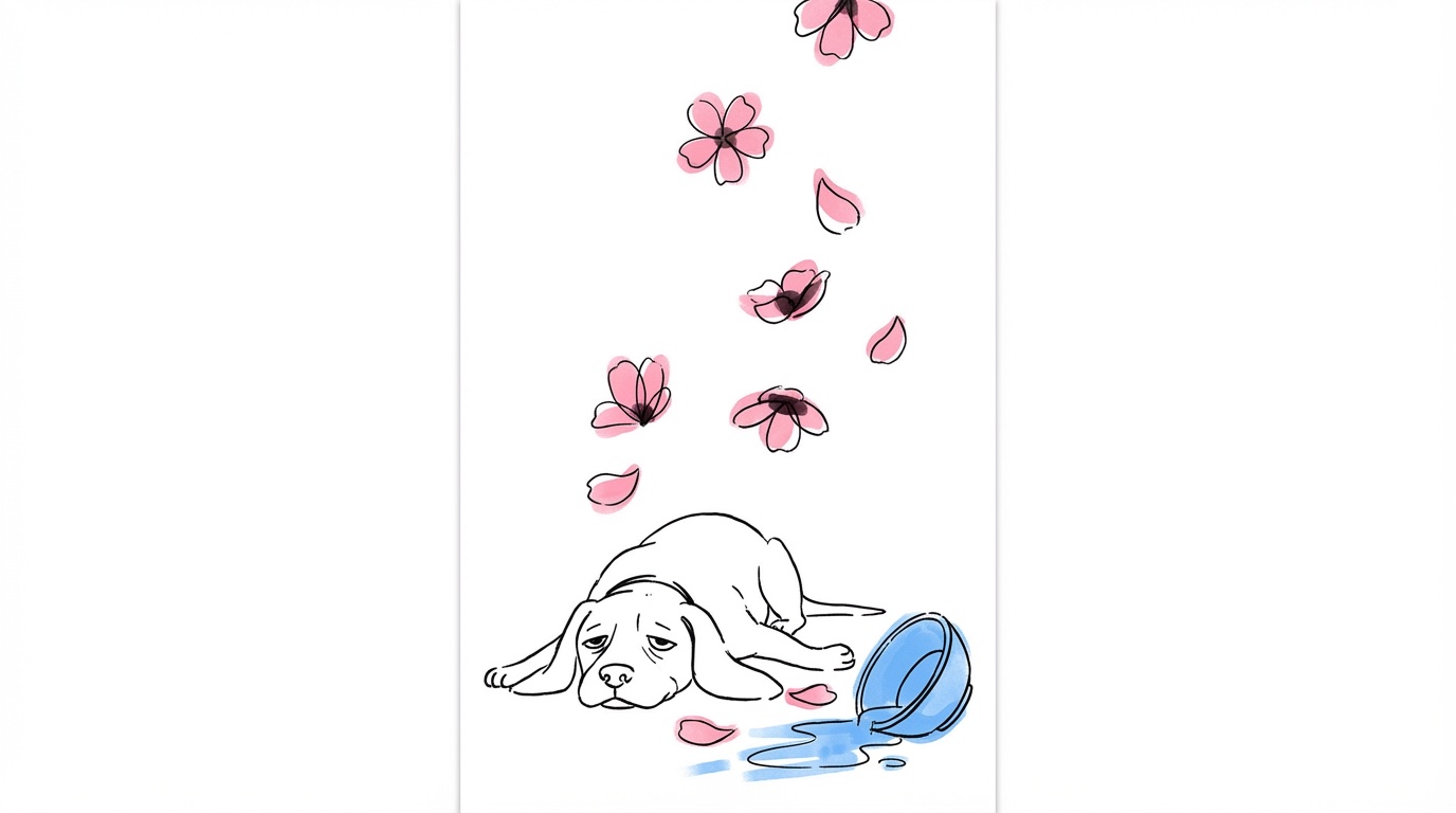 Trött hund som ligger på marken vid ett evenemang med vält vattenskål och spridda blomblad